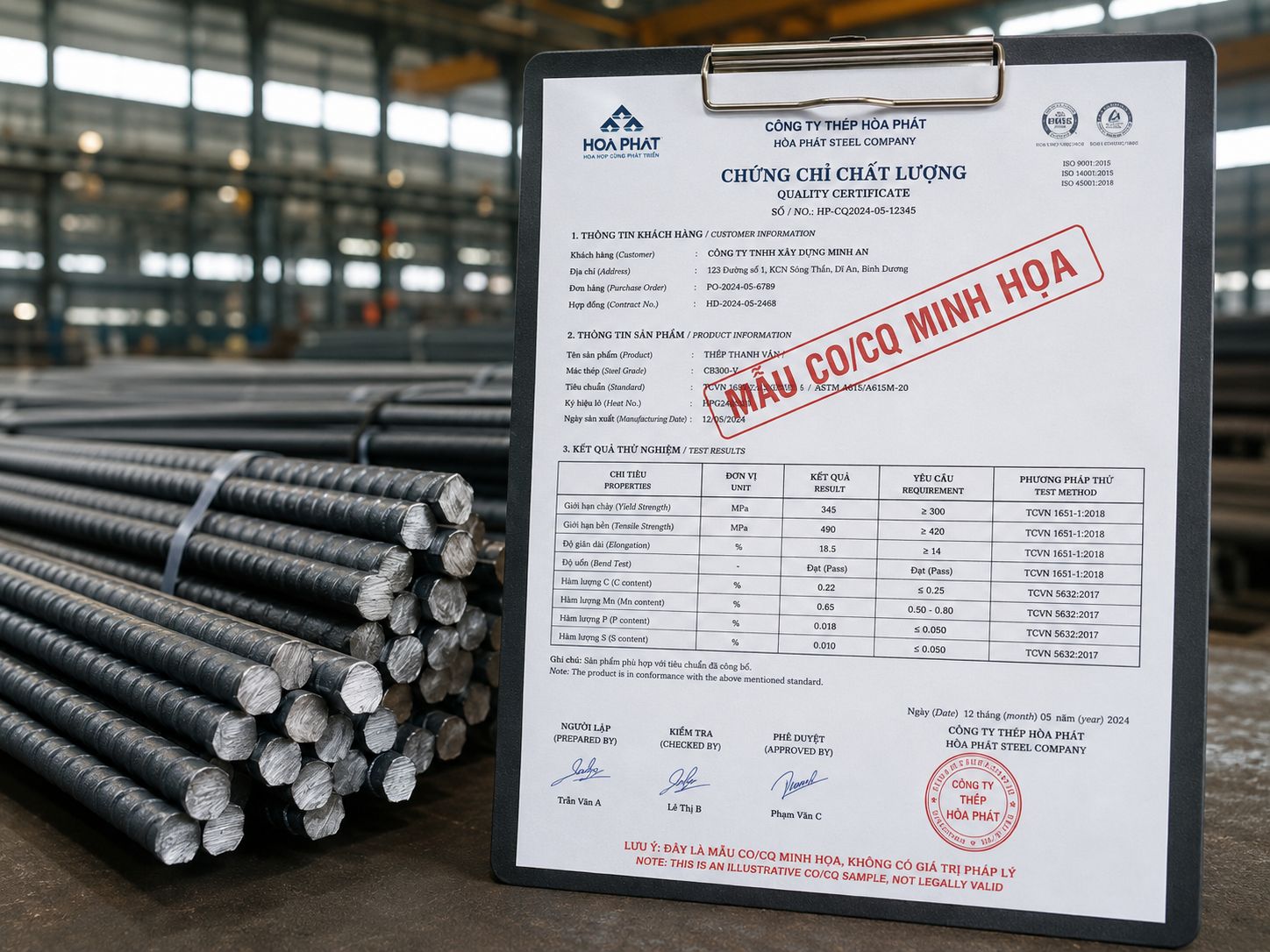 Mẫu CO CQ thép cây Hòa Phát để tham khảo cách đối chiếu mác thép và lô hàng