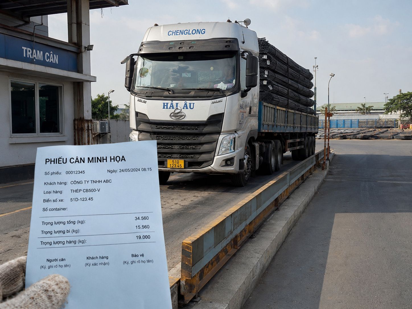 Mẫu phiếu cân thép cây giao công trình để đối chiếu khối lượng lô hàng