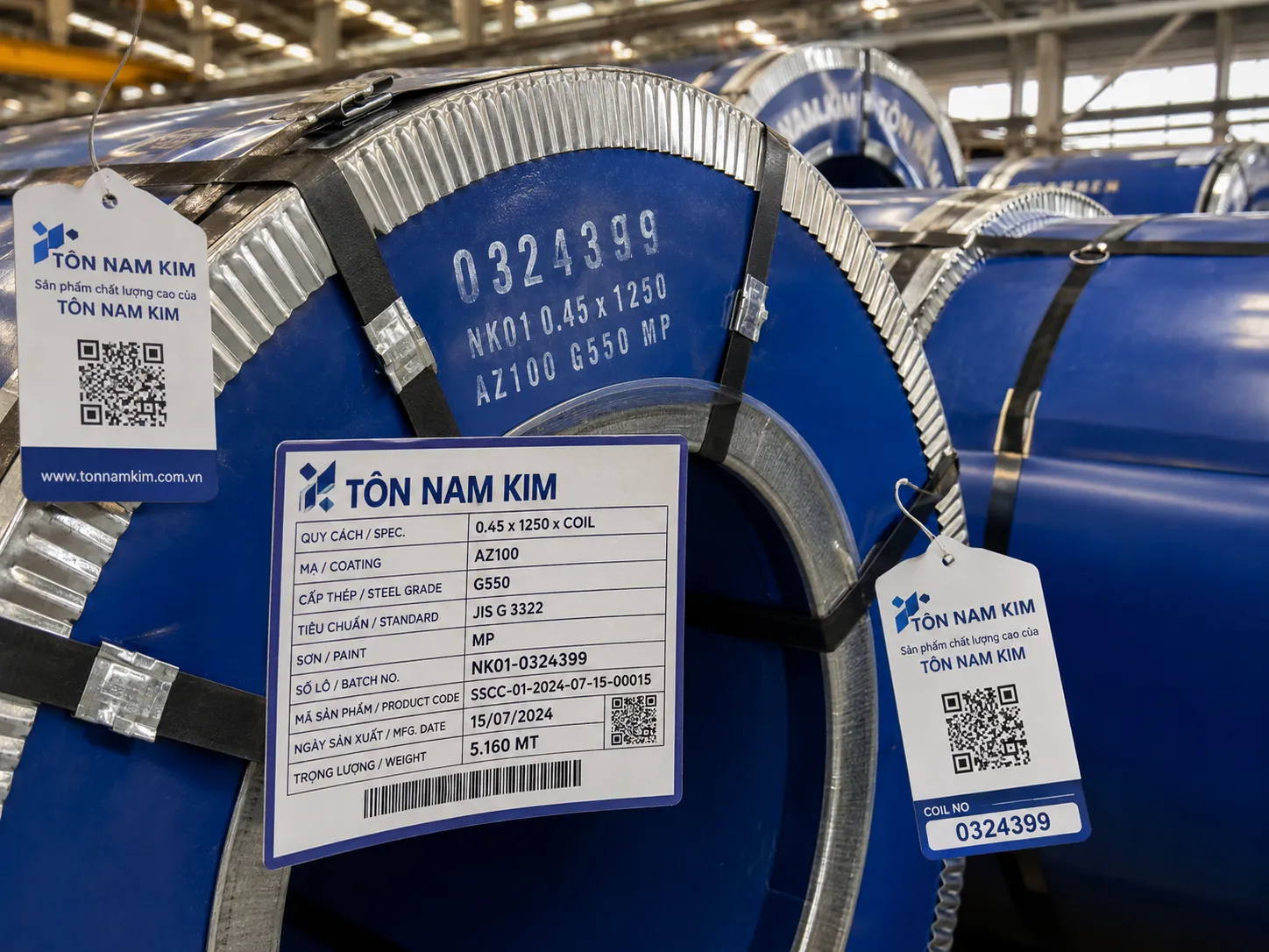 Mẫu tem nhãn tôn Nam Kim để tham khảo khi đối chiếu thương hiệu và lô hàng