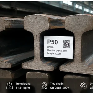 Thép ray P50 xếp trong kho công nghiệp