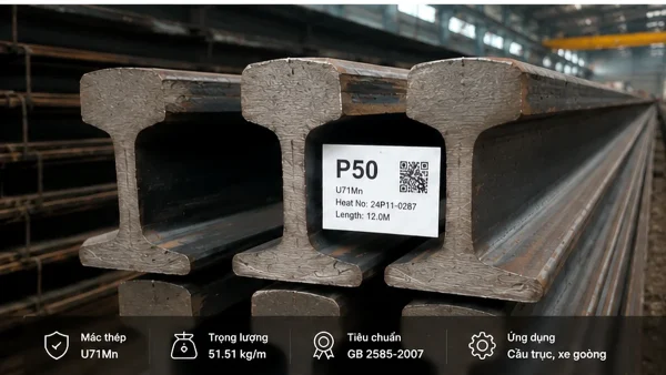 Thép ray P50 xếp trong kho công nghiệp