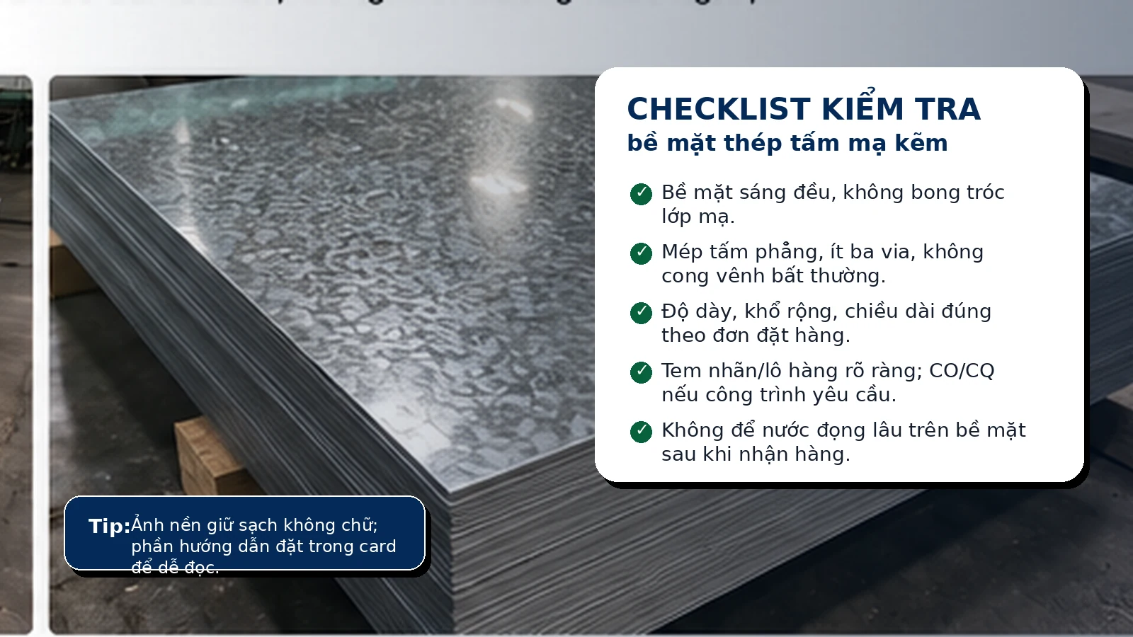 Cận cảnh bề mặt thép tấm mạ kẽm và checklist kiểm tra khi nhận hàng