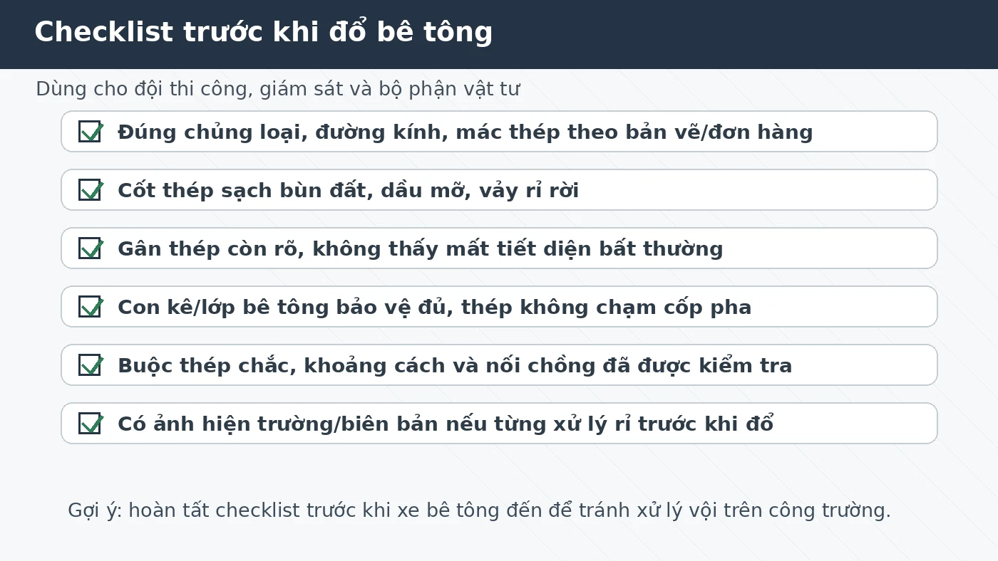 Checklist kiểm tra con kê và lớp bê tông bảo vệ cốt thép trước khi đổ bê tông