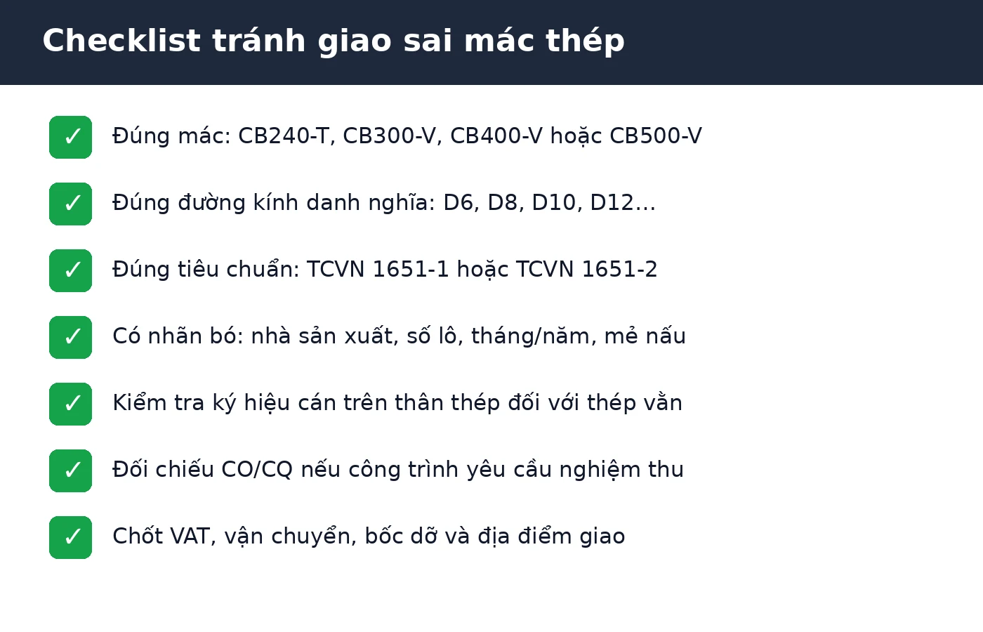 Checklist nhận hàng đúng mác thép tại công trình